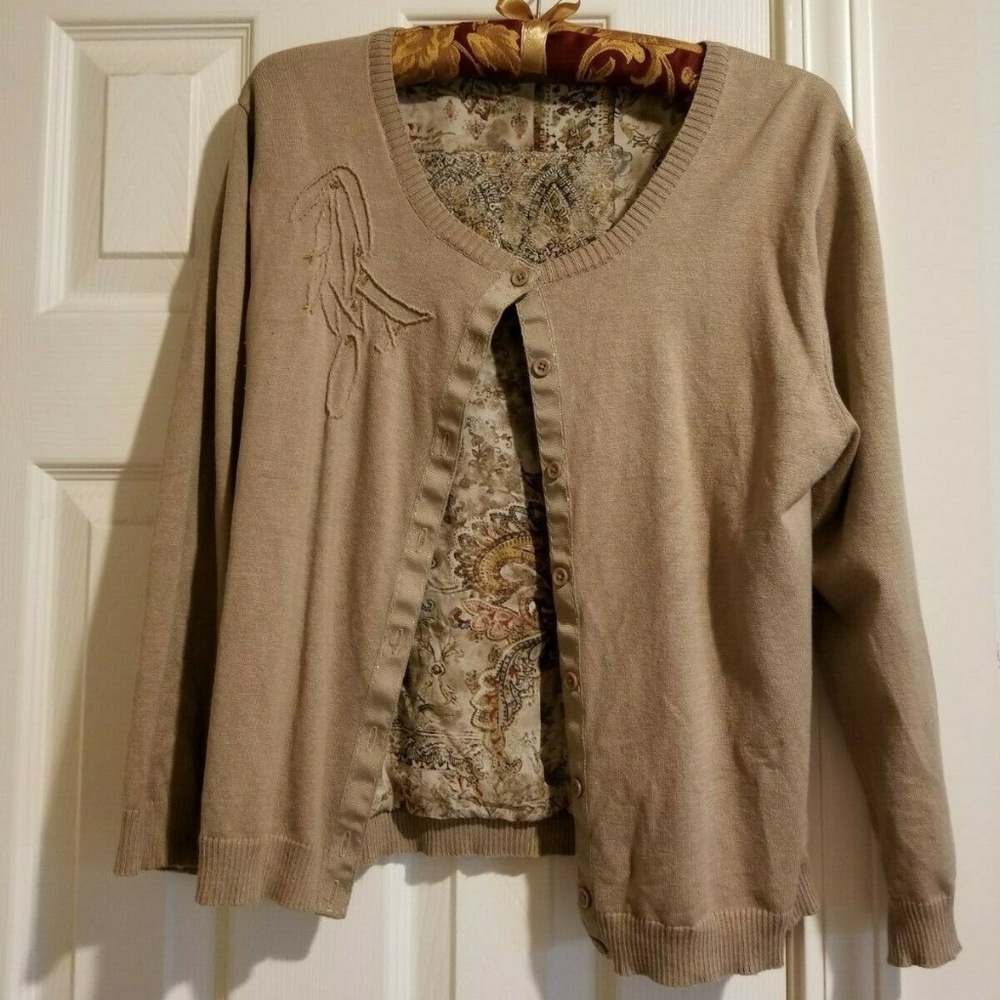 Tan Beaded & Lined Cardi Sweater Size Medium